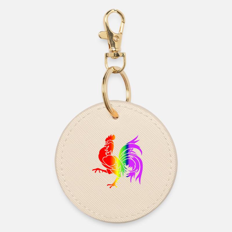 Colorful Rainbow Rooster - Round Keyring - oyster