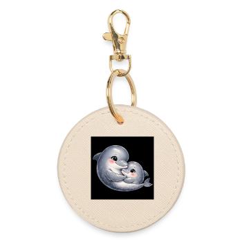 Mom dolphin and her baby cuddle together - Round Keyring - oyster - Front
