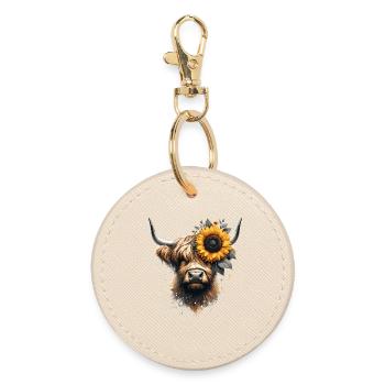 Hochlandrind mit Sonnenblume - Berührung der Natur - Runder Schlüsselanhänger - Auster - Vorne