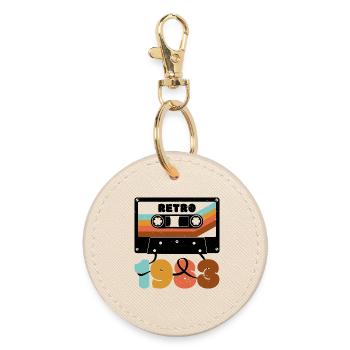 Retro 1980s Color Block Cassette Typography - Round Keyring - oyster - Front