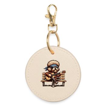 Guitar Playing Dog Hippie Rocker Style - Round Keyring - oyster - Front