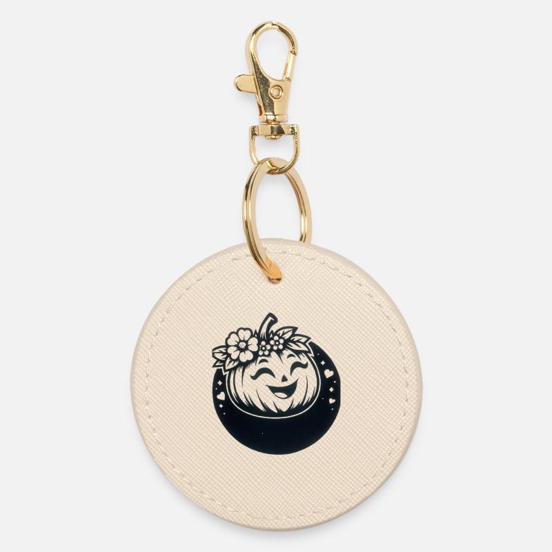 friendly pumpkin with flowers - Round Keyring - oyster