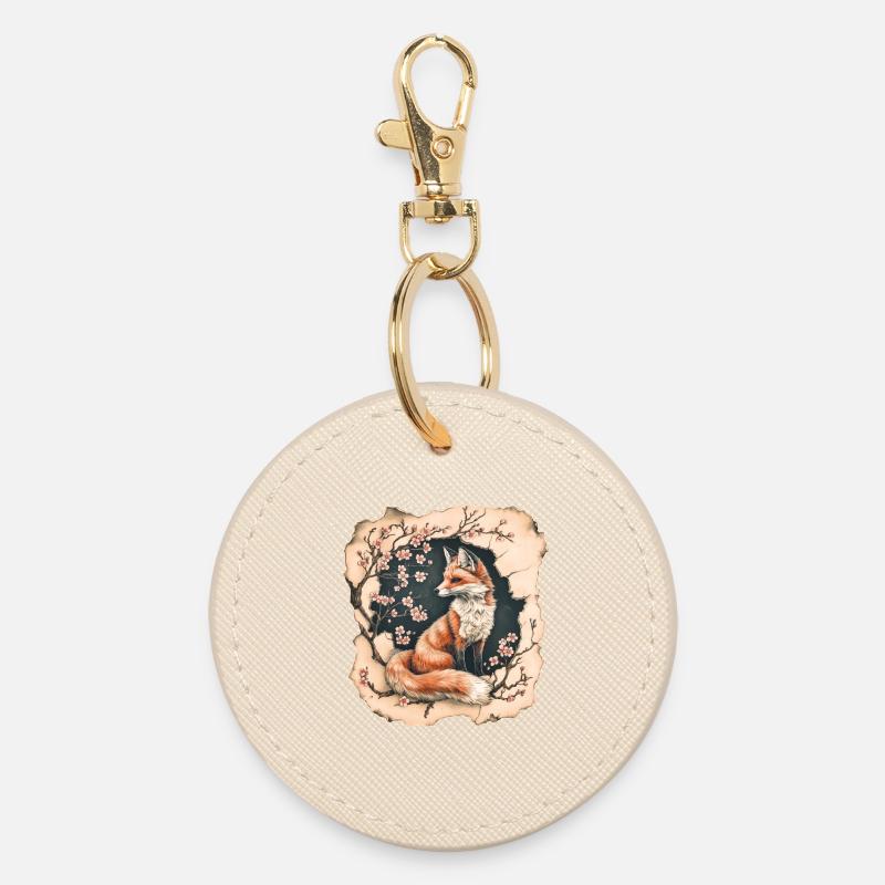 Fox with cherry blossoms - Round Keyring - oyster