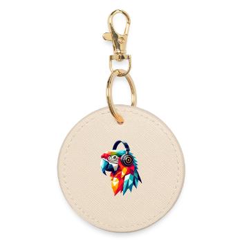 Polygon Parrot with Headphones Colorful Music Love - Round Keyring - oyster - Front