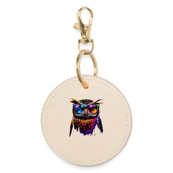 Eule Bunt Regenbogen Farben Kauz Uhu Owl Eulen - Runder Schlüsselanhänger - Auster - Vorne