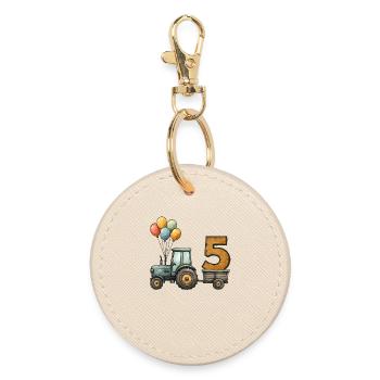 Birthday tractor with trailer 5 years children - Round Keyring - oyster - Front