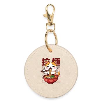 Japanese Ramen Eating Kitten - Round Keyring - oyster - Front