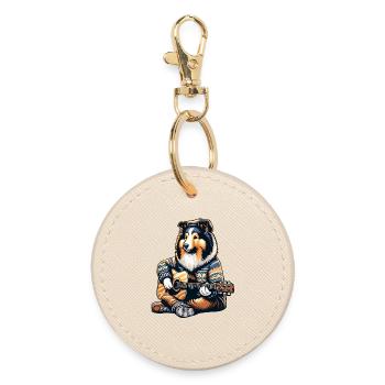 Collie avec guitare acoustique en pull tricoté - Porte-clés rond - huître - Devant
