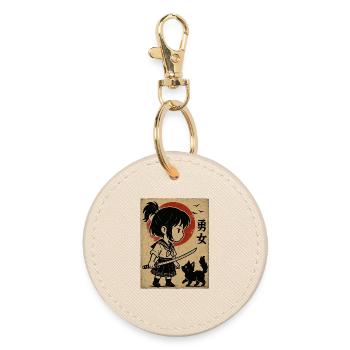 Brave girl with katana and cat - Round Keyring - oyster - Front