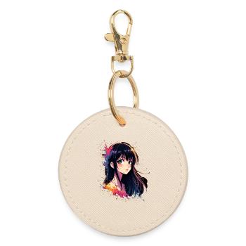 Anime-Girl mit Farbexplosion - Runder Schlüsselanhänger - Auster - Vorne