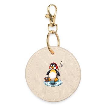Eisfischer Pinguin mit Ohrenwärmer - Runder Schlüsselanhänger - Auster - Vorne