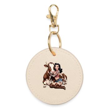 Pinup-Bauernfrau mit Tattoo und Kuh - Runder Schlüsselanhänger - Auster - Vorne