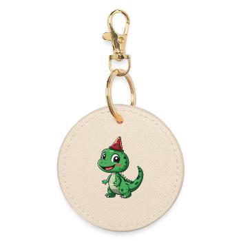 Cute Dinosaur with Party Hat - Fun and Playful - Round Keyring - oyster - Front