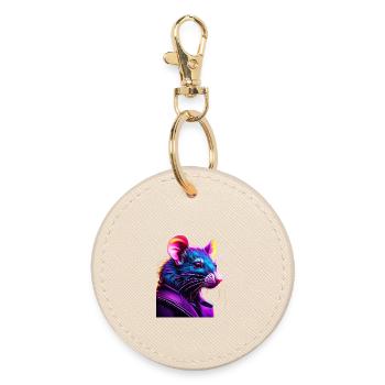 Neon Rat in Leather Jacket - Round Keyring - oyster - Front