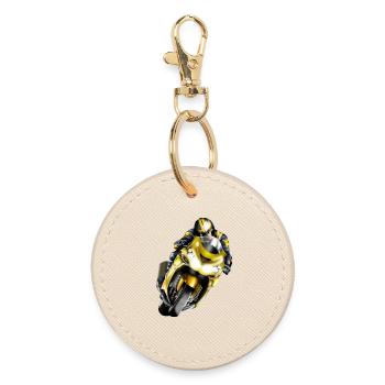Racer on yellow machine - Round Keyring - oyster - Front