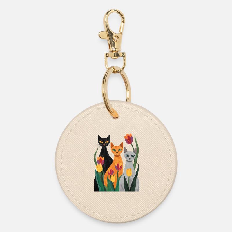 Three stylized cats: black, gray, orange - Round Keyring - oyster