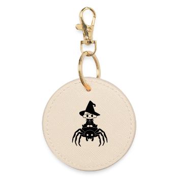 Cute Witch Rides Spider Halloween Motif - Round Keyring - oyster - Front