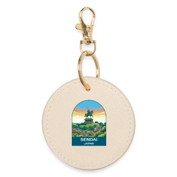 Sendai Japan Samurai Statue Vintage Travel Art - Round Keyring - oyster - Front