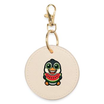 Funny Penguin with Watermelon Summer Cartoon - Round Keyring - oyster - Front