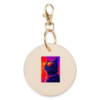 Lebendige Neonkatze mit Sonnenbrille - Runder Schlüsselanhänger - Auster - Vorne
