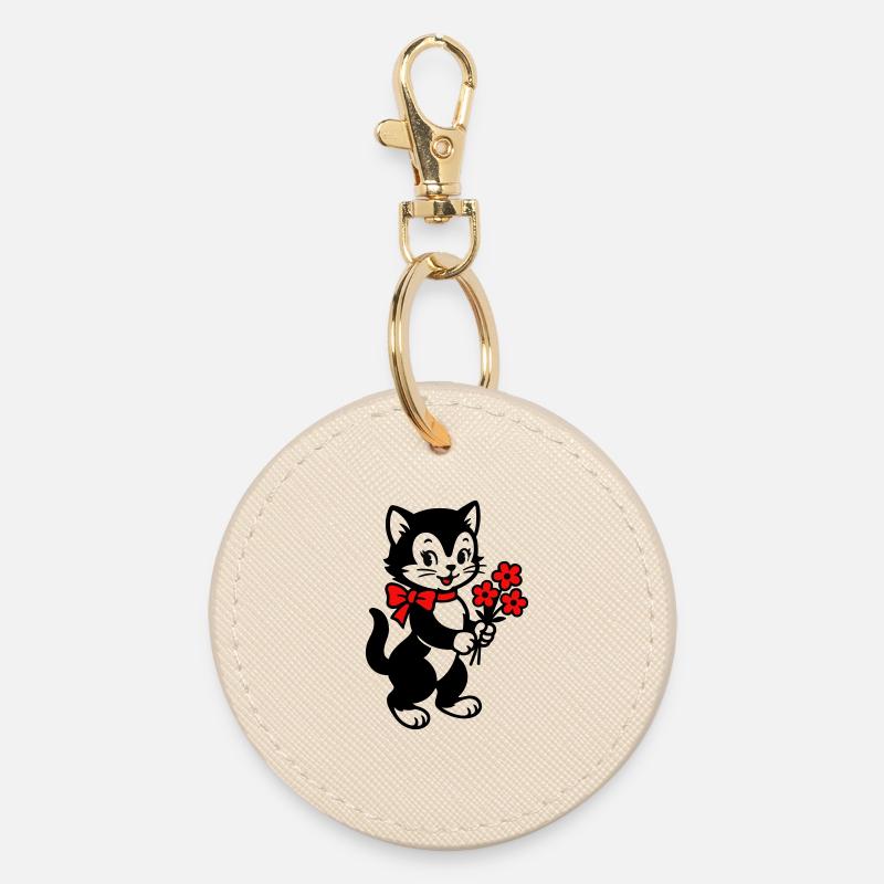 Black Cat with Red Ribbon - Round Keyring - oyster