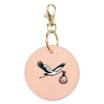 Cigogne avec bébé en tissu Signe de paix - Porte-clés rond - rose clair - Devant