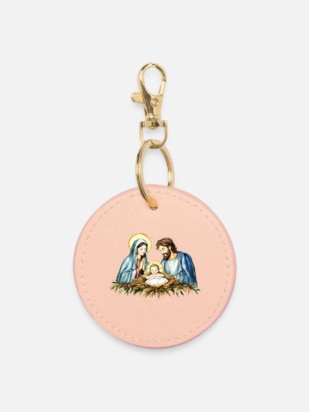 Heilige Familie Weihnachtskrippe Jesus Maria Josef - Runder Schlüsselanhänger - Hellrosa