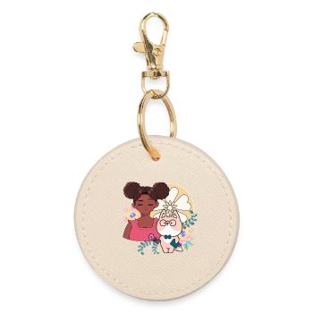 Kawaii Girl, Cyborg Dog and Flowers - Round Keyring - oyster - Front