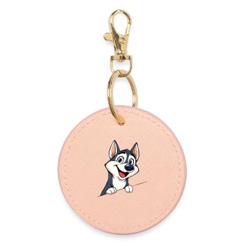 Illustration d'animal de dessin animé mignon Husky regardant dehors - Porte-clés rond - rose clair - Devant