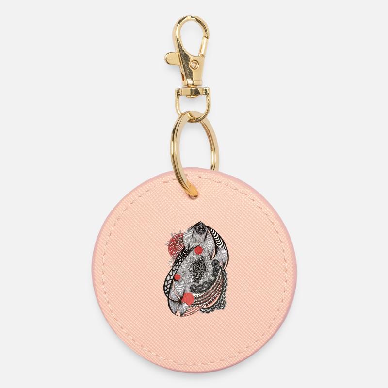 Line flowers pattern with red accent - Round Keyring - light pink
