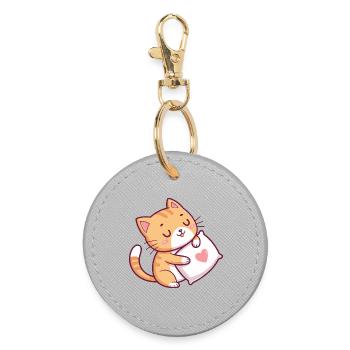 Kuschelige Katze auf Herz-Kissen - Runder Schlüsselanhänger - Grau - Vorne