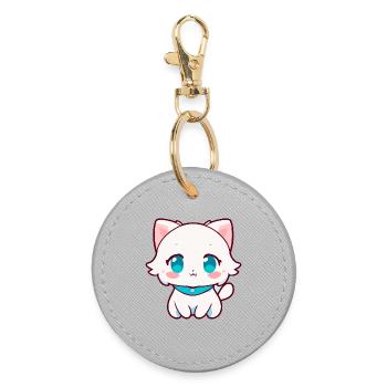 Kawaii White Chibi Cat - Mignonne chatte d’anime - Porte-clés rond - bruyère - Devant