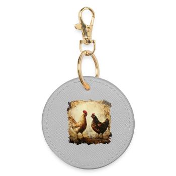 Duo rustique coq et poulet, peinture à l’huile - Porte-clés rond - bruyère - Devant