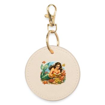 Retro mermaid with glasses while reading - Round Keyring - oyster - Front