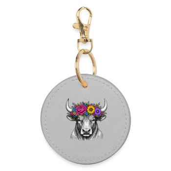 Floral Wreath Bull Head Illustration - Round Keyring - grey - Front