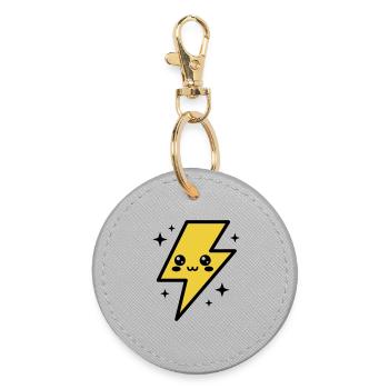 Kawaii lightning bolt with expressive face - Round Keyring - grey - Front