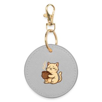 Chat café Somnolent et Tasse de Café - Porte-clés rond - bruyère - Devant