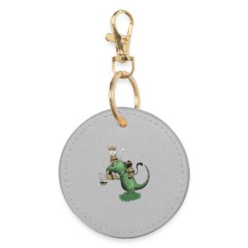 Kawaii Campingkatzen reiten auf Dinosaurier-Shirt - Runder Schlüsselanhänger - Grau - Vorne