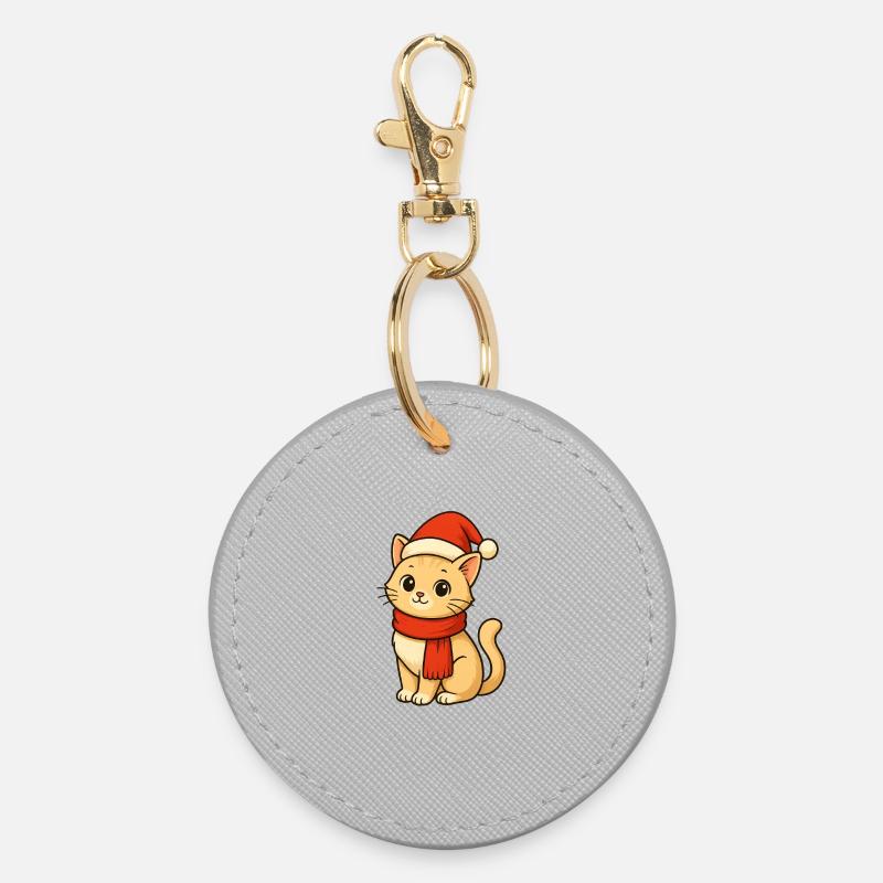 Winter Cat with Santa Hat - Round Keyring - grey