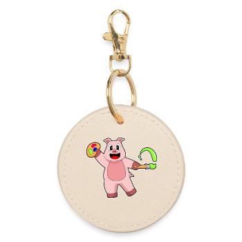 Pig Painter Brush Painting - Round Keyring - oyster - Front