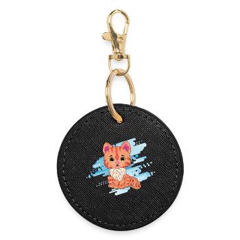 Cute orange cat with scarf - Round Keyring - black - Front