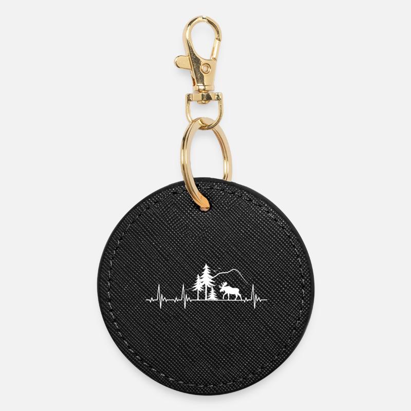 Moose heartbeat gift - Round Keyring - black