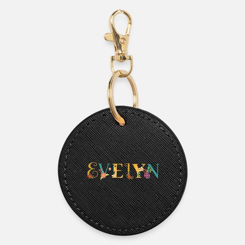 EVELYN Art du nom avec fleurs brodées - Porte-clés rond - noir