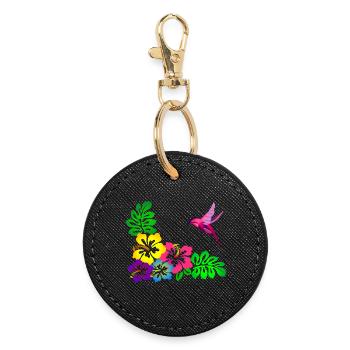Tropical Hibiscus Motif Hummingbird - Round Keyring - black - Front