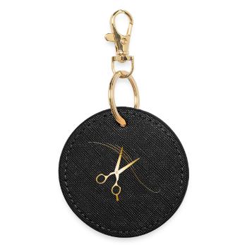 golden hairdressing scissors with dark blond hair - Round Keyring - black - Front