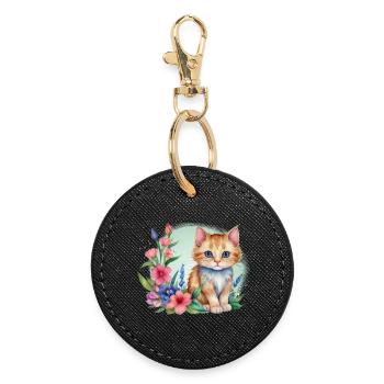 Kitten in a flower meadow - Round Keyring - black - Front