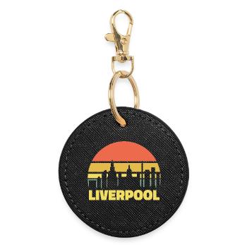 Liverpool Skyline Retro Sonnenuntergang Silhouette - Runder Schlüsselanhänger - Schwarz - Vorne