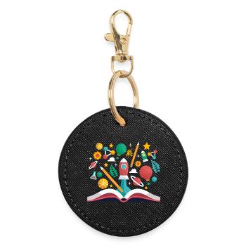 Open Book with School Objects, Learning and Educat - Round Keyring - black - Front