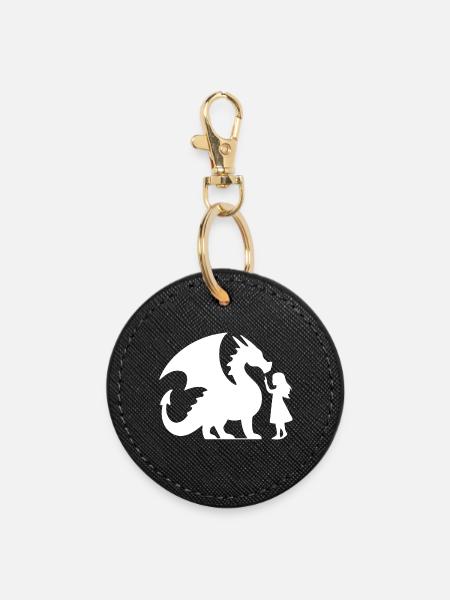 Episches Drachen- und Mädchen-Silhouetten-Design - Runder Schlüsselanhänger - Schwarz