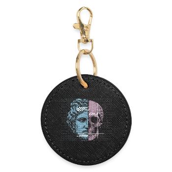 Digital Split Ancient Face Skull Art Design - Round Keyring - black - Front